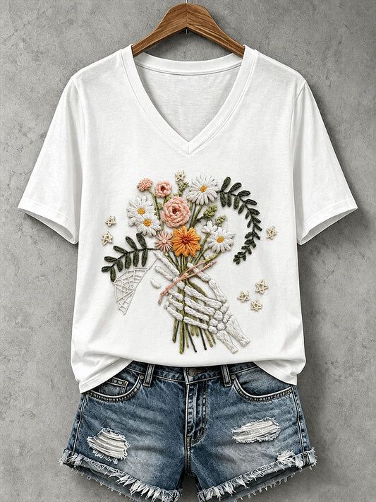 Women's Skull and Floral Print Casual T-Shirt
