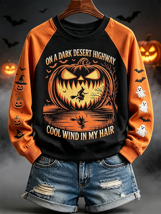 Women's On A Dark Desert Highway Halloween Print Raglan Sleeve Sweatshirt