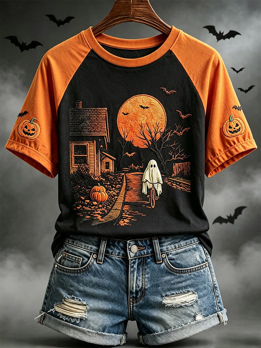 Women's Halloween Ghost Print Round Neck Short Sleeve T-shirt