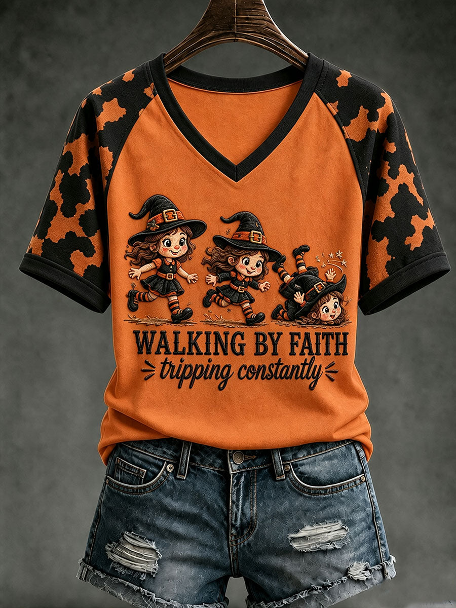 Women's Walking By Faith Tripping Constantly Halloween Witch V-neck T-shirt