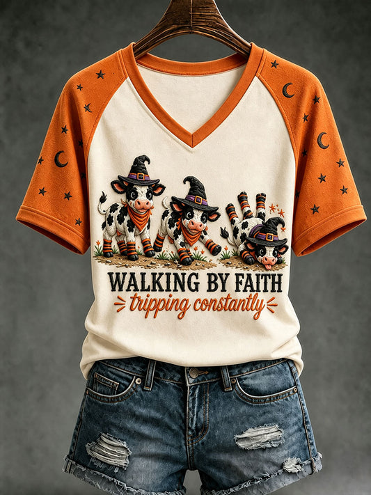 Women's Walking By Faith Tripping Constantly Halloween Highland Cow V-neck T-shirt