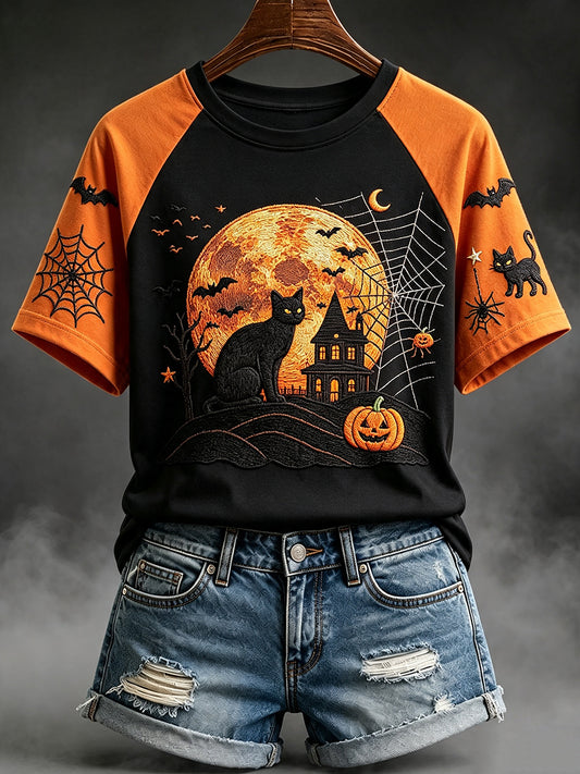 Women's Halloween Cat Print Round Neck Short Sleeve T-shirt
