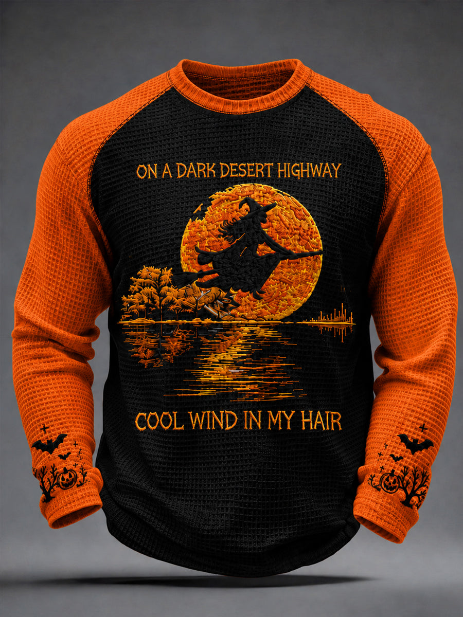 Men's Halloween Witch Pumpkin Bat Waffle Long Sleeve T-Shirt