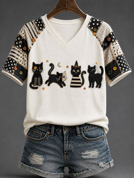 Women's Halloween Cat Gothic Art Print Casual T-shirt