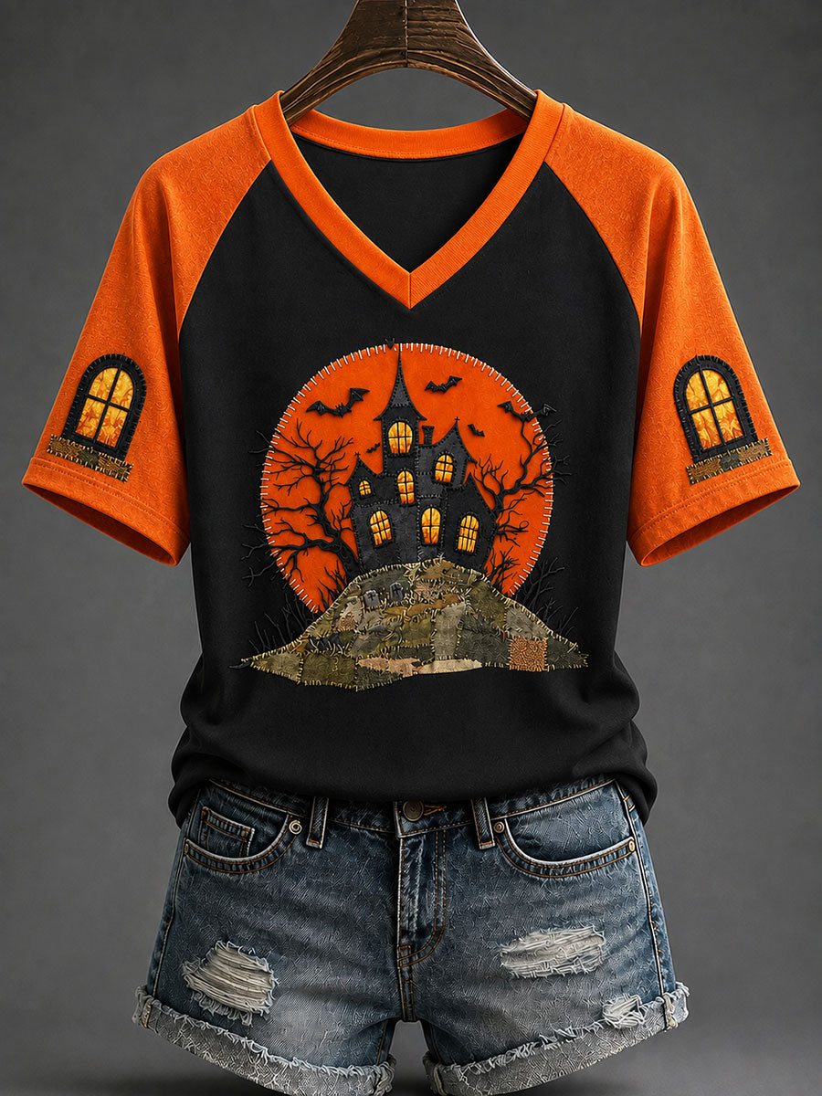 Women's Halloween Haunted House Gothic Art Print Casual T-shirt