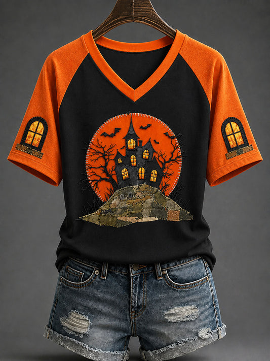 Women's Halloween Haunted House Gothic Art Print Casual T-shirt