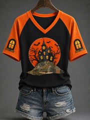 Women's Halloween Haunted House Gothic Art Print Casual T-shirt