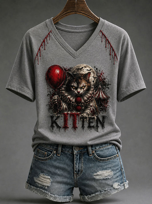 Women's Halloween Evil Cat Casual T-shirt