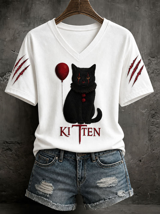 Women's Halloween Evil Cat Casual T-shirt