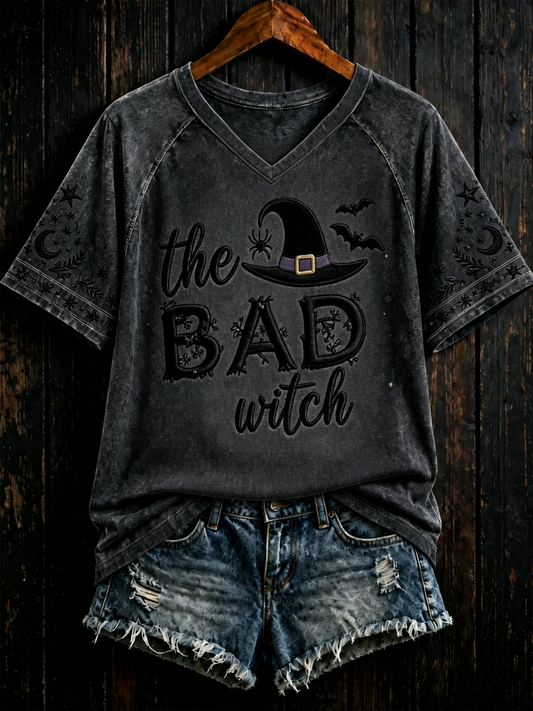 Women's Halloween witch print V-neck off-shoulder short-sleeved T-shirt