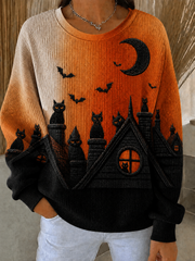Women's Halloween Cat Ribbed Round-Neck Sweatshirt