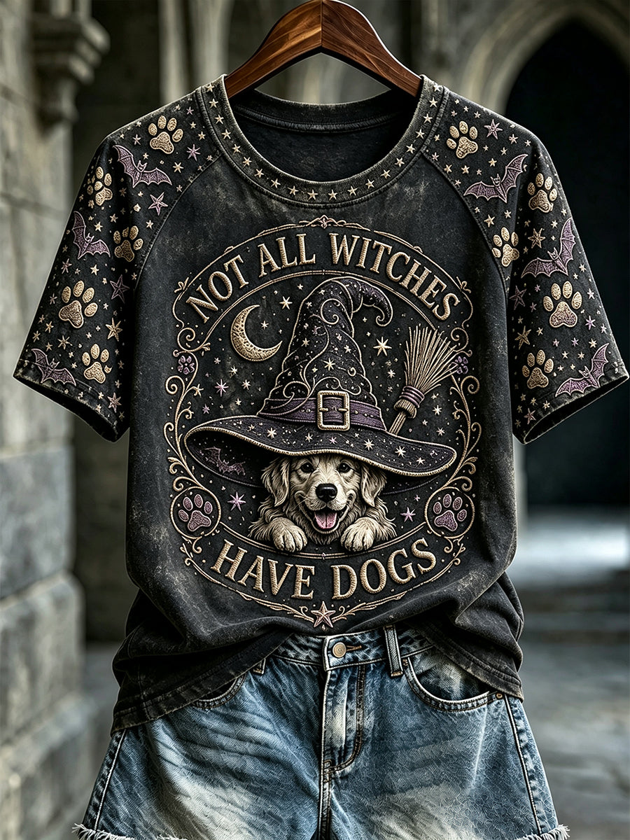 Women's Not All Witches Have Dogs Golden Retriever Print Round Neck T-shirt