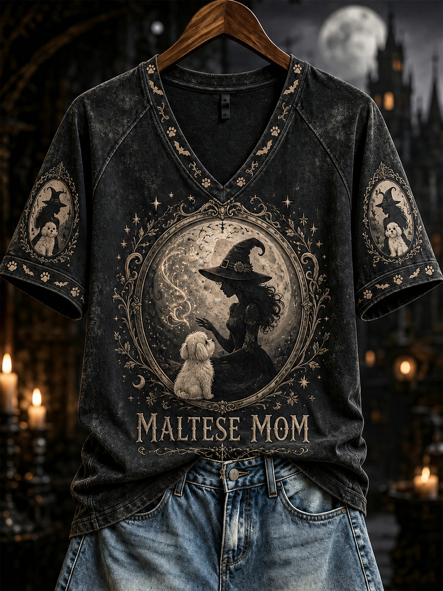 Women's Halloween Maltese Mom Witch Print V-neck Short-sleeved T-shirt