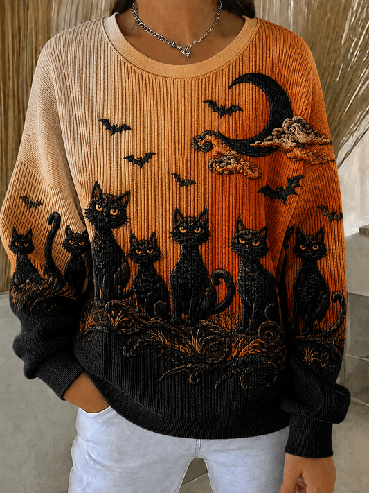 Women's Halloween Cat Ribbed Round-Neck Sweatshirt