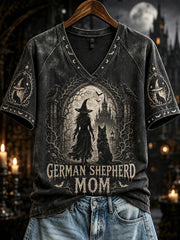 Women's Halloween German Shepherd Mom Witch Print V-neck Short-sleeved T-shirt