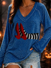 Women's Fun Halloween Witch Double Layer Neck Long Sleeve T-Shirt