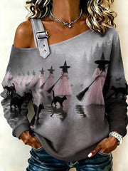 Women's Halloween Witch Print Casual Off-Shoulder Sweatshirt