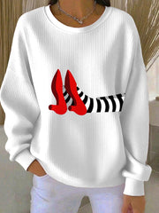 Women's Fun Halloween Witch Legs Ribbed Round-Neck Sweatshirt