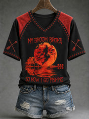 Women's "My broom broke, so now i go fishing" Halloween Witch Fun Casual T-shirt