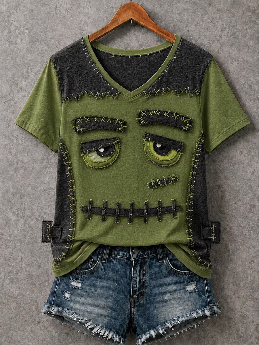 Women's Halloween Patchwork Print Casual V-Neck Tee
