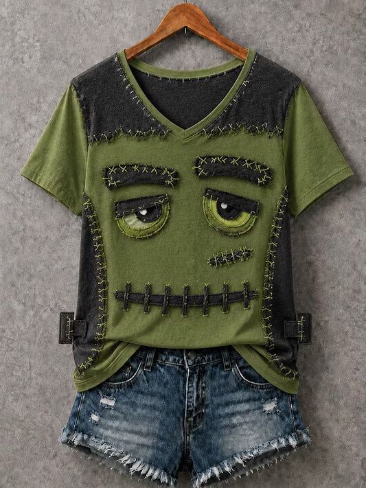 Women's Halloween Patchwork Print Casual V-Neck Tee