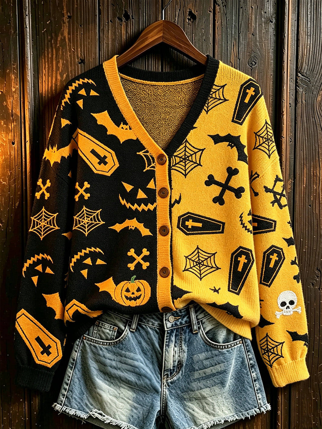 Women's Halloween-themed print and color-blocked design casual  cardigan
