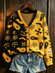 Women's Halloween-themed print and color-blocked design casual  cardigan