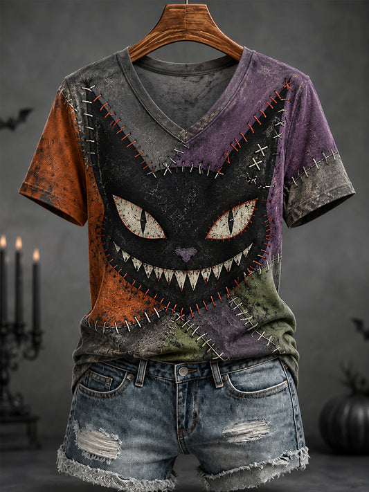 Women's Halloween Patchwork Black Cat Print Casual V-Neck Tee