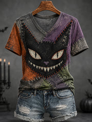 Women's Halloween Patchwork Black Cat Print Casual V-Neck Tee