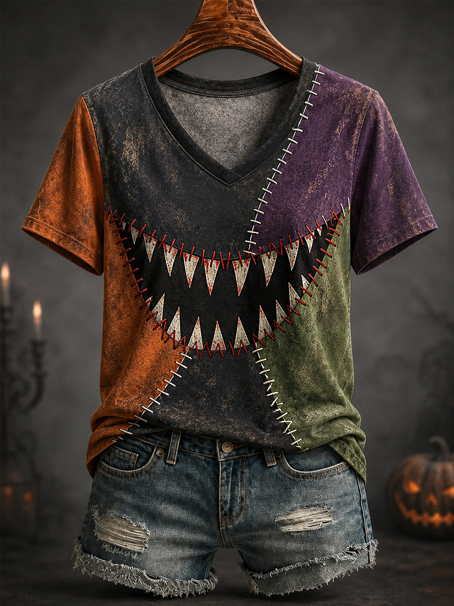 Women's Halloween Patchwork Print Casual V-Neck Tee