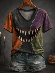 Women's Halloween Patchwork Print Casual V-Neck Tee