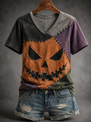 Women's Halloween Patchwork Print Casual V-Neck Tee