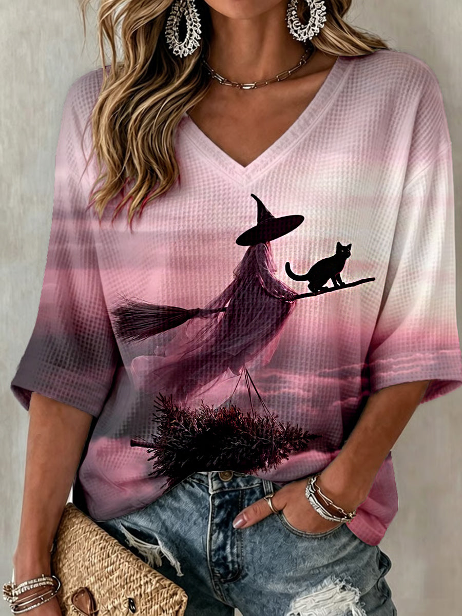 Women's Halloween Pink Witch And Black Cat Print Half-Sleeve V-Neck T-Shirt