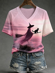 Women's Halloween Pink Witch And Black Cat Print V-Neck Tee