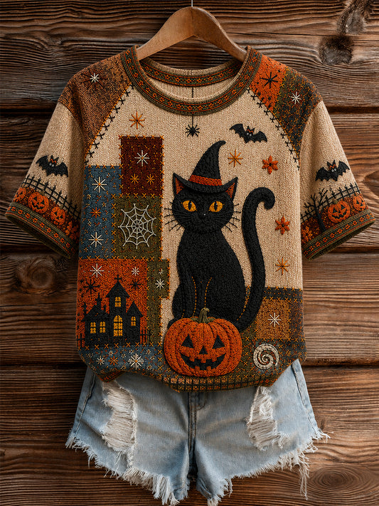 Women's Halloween Black Cat Art  Short Sleeve T-shirt