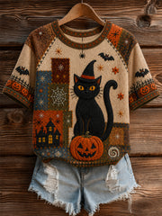 Women's Halloween Black Cat Art  Short Sleeve T-shirt