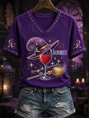 Women's Funny Halloween Buonanotte Wine Glass Print Casual V-Neck Tee