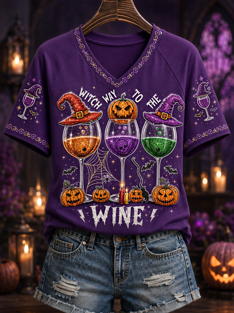 Women's Funny Halloween Witch Way To The Wine Print Casual V-Neck Tee
