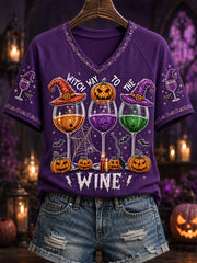 Women's Funny Halloween Witch Way To The Wine Print Casual V-Neck Tee