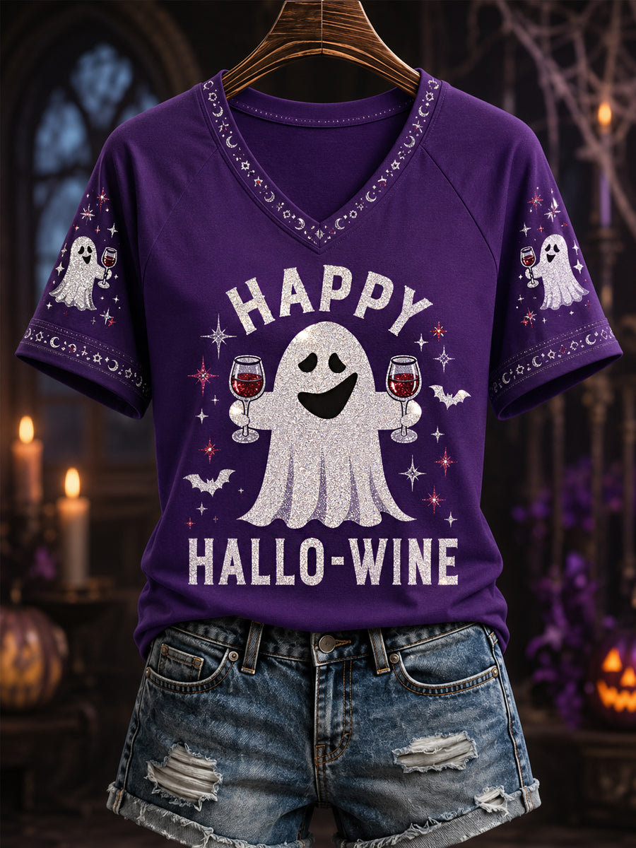 Women's Funny Hallo-Wine Ghost Print Casual V-Neck Tee