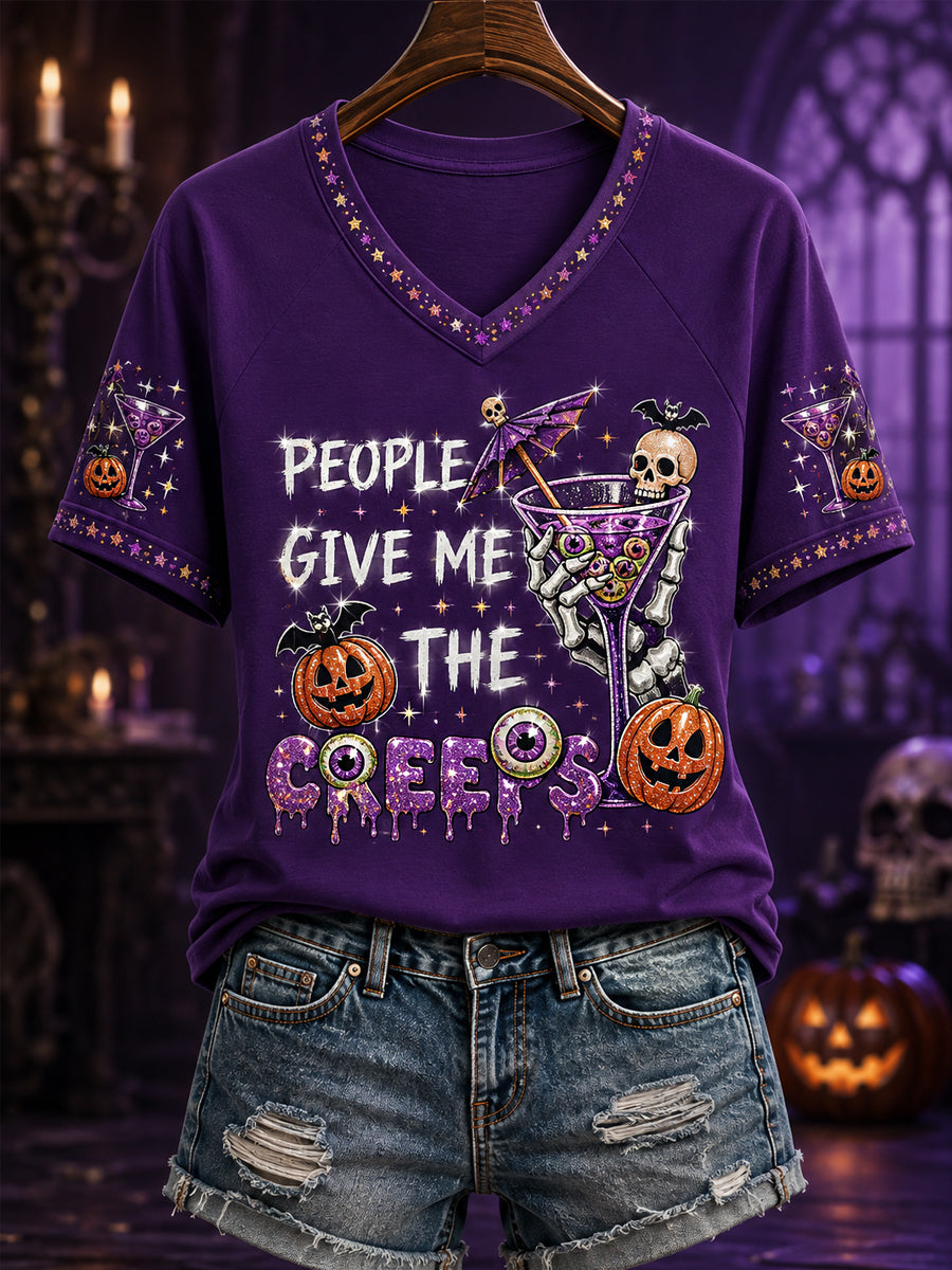 Women's Funny Halloween People Give Me The Creeps Print Casual V-Neck Tee