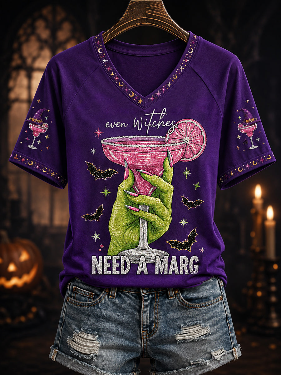 Women's Funny Halloween Even Witches Need A Margarita Print Casual V-Neck Tee