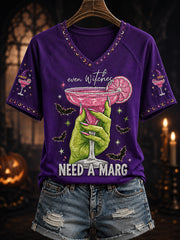 Women's Funny Halloween Even Witches Need A Margarita Print Casual V-Neck Tee