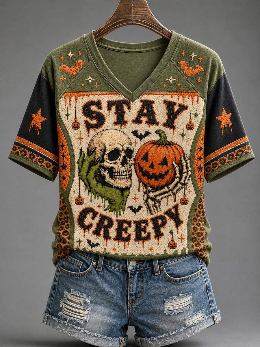 Women's Halloween Stay Creepy Skull Pumpkin Leopard Bat  V-neck Short Sleeve T-shirt