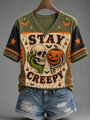 Women's Halloween Stay Creepy Skull Pumpkin Leopard Bat  V-neck Short Sleeve T-shirt