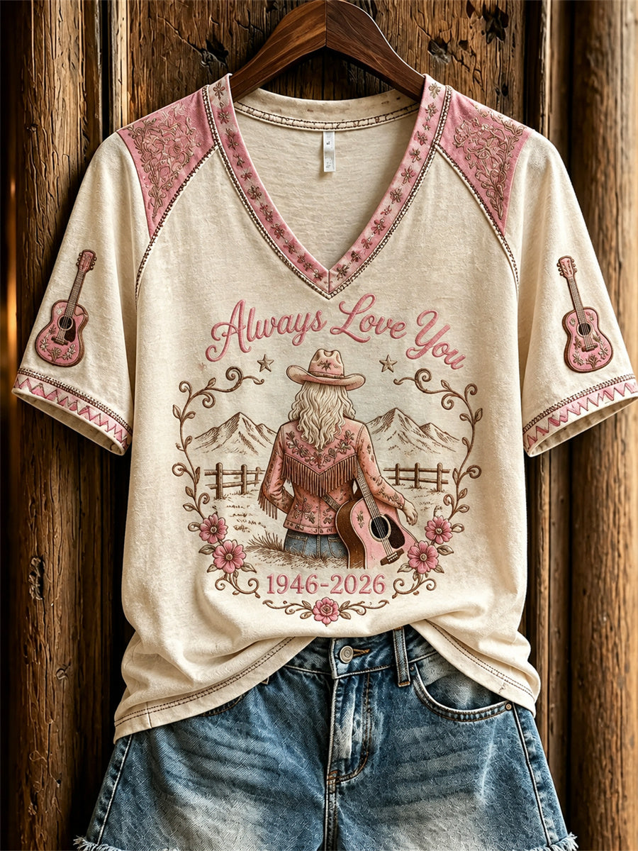 Women's Vintage Classic Country Music Inspired Western Print Memorial short-sleeved T-shirt