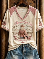 Women's Vintage Classic Country Music Inspired Western Print Memorial short-sleeved T-shirt