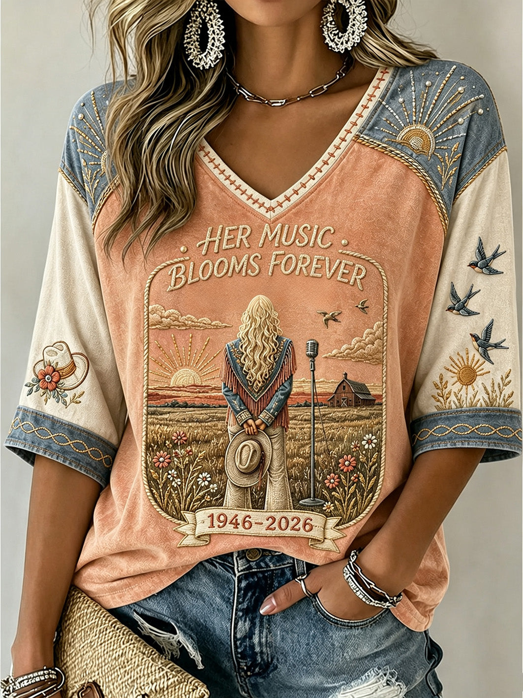 Women's Country Music Legend Tribute Casual Memorial Mid-length Sleeves V-Neck T-Shirt