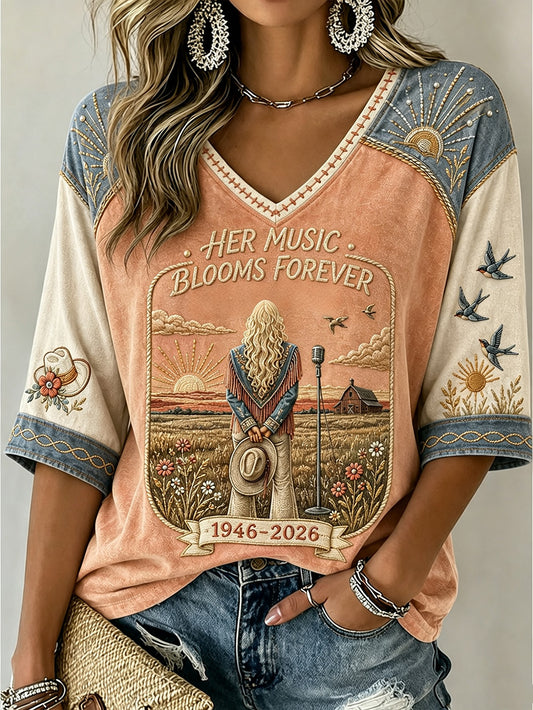 Women's Country Music Legend Tribute Casual Memorial Mid-length Sleeves V-Neck T-Shirt