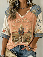 Women's Country Music Legend Tribute Casual Memorial Mid-length Sleeves V-Neck T-Shirt